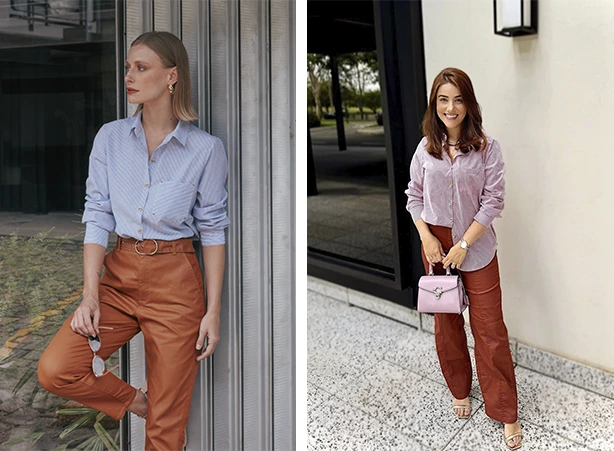 Look com camisa listrada e calça resinada Look com camisa listrada e calça resinada