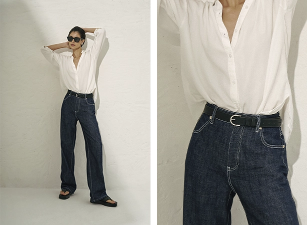Look com calça jeans wide leg e camisa branca Look com calça jeans wide leg e camisa branca