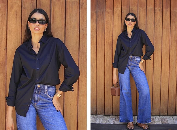 Look feminino com camisa masculina e calça jeans Look feminino com camisa masculina e calça jeans