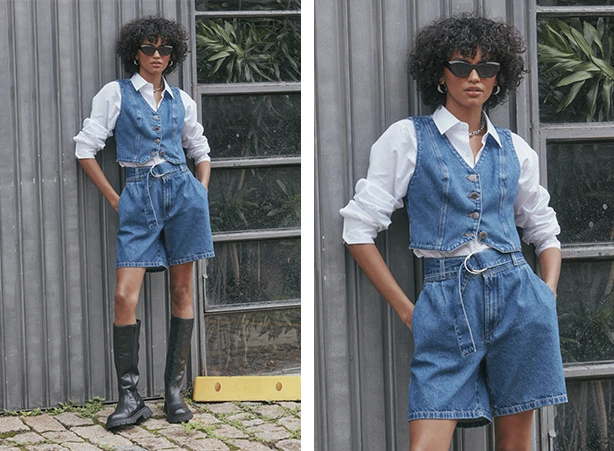 Look all denim com colete e bermuda feminina Look all denim com colete e bermuda feminina