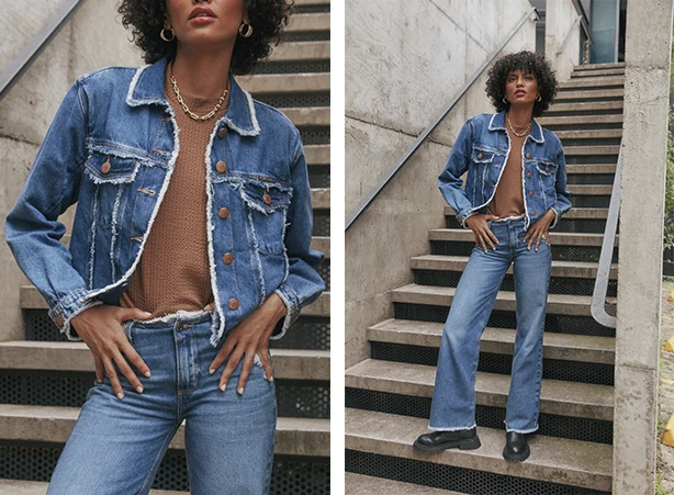 Tipos de calça com shape boot cut e jaqueta Tipos de calça com shape boot cut e jaqueta