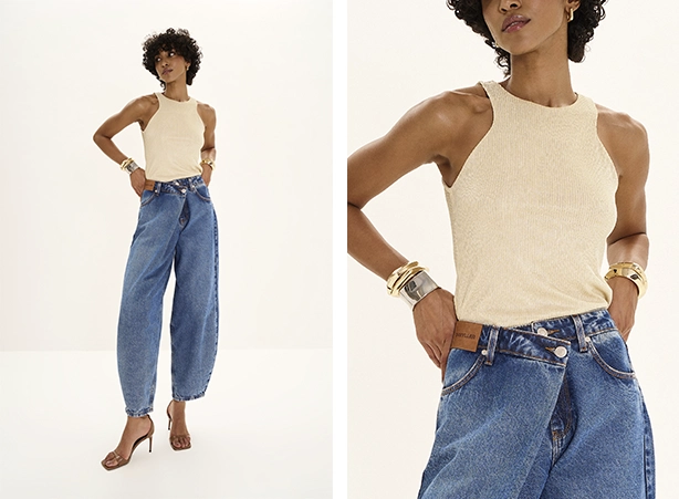 Look com blusa em tecido brilhante e barrel jeans Look com blusa em tecido brilhante e barrel jeans