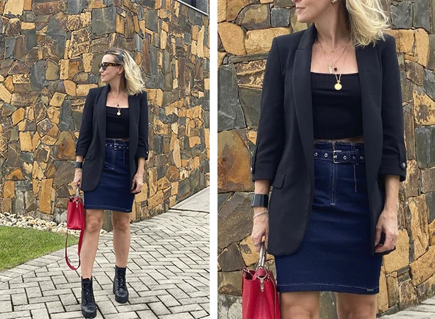 Saia jeans com bota cano curto Saia jeans com bota cano curto