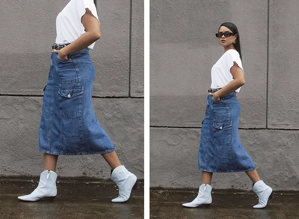 Look com saia midi com bolsos cargo e bota branca Look com saia midi com bolsos cargo e bota branca