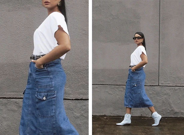 Look com bota branca em mood western e saia jeans midi Look com bota branca em mood western e saia jeans midi