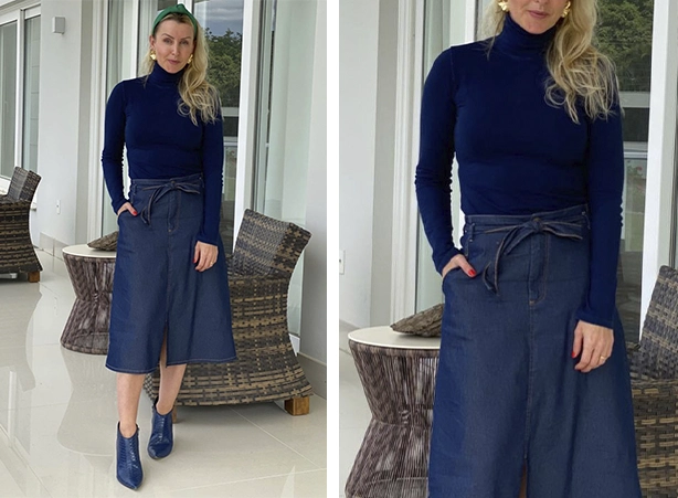 Composição de saia midi com bota Composição de saia midi com bota