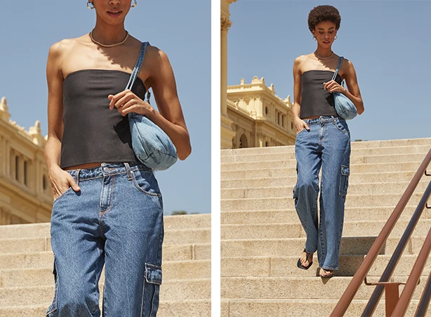 Look com modelagem cargo e cropped preto sem alça Look com modelagem cargo e cropped preto sem alça