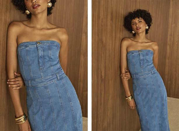 Look de vestido sem alça e com recortes Look de vestido sem alça e com recortes