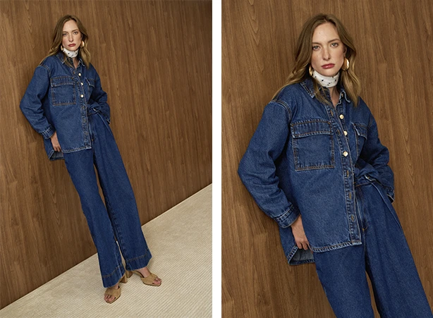 Look all denim com camisa oversized e calça wide leg Look all denim com camisa oversized e calça wide leg