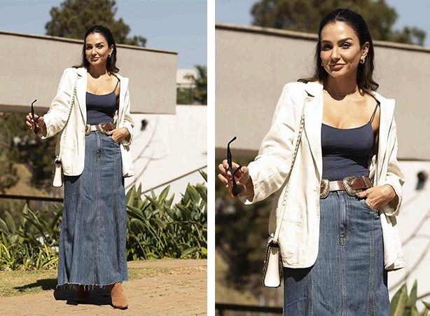 Estilo boêmio com saia jeans e bota Estilo boêmio com saia jeans e bota