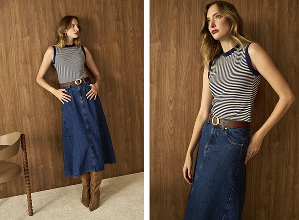 Looks com saia jeans midi e regata listrada Looks com saia jeans midi e regata listrada