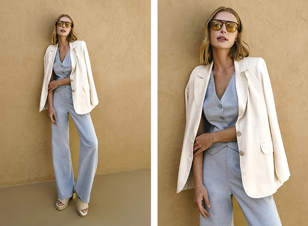 Conjunto de alfaiataria jeans com blazer branco
