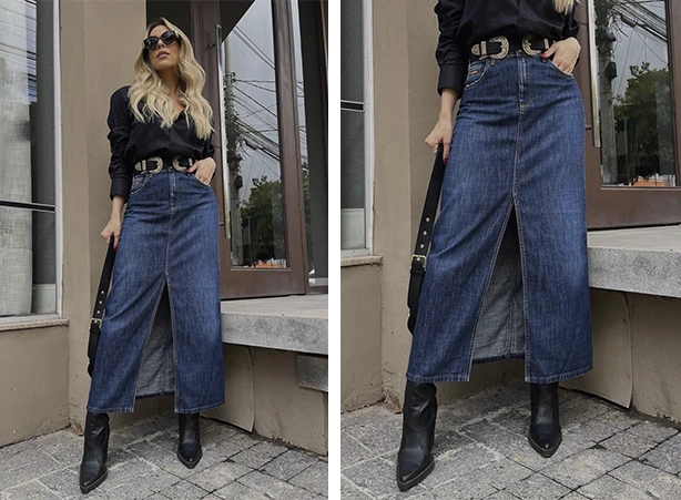 Look com saia jeans midi e bota Look com saia jeans midi e bota
