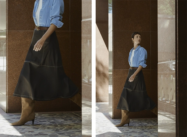 Looks femininos com saia midi resinada Looks femininos com saia midi resinada