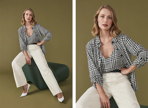 Look com blusa xadrez e calça branca Look com blusa xadrez e calça branca