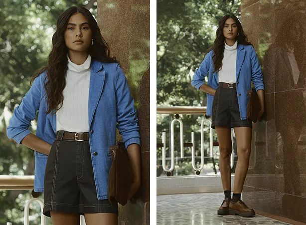 Combinação de short marrom escuro e blusa branca de gola alta