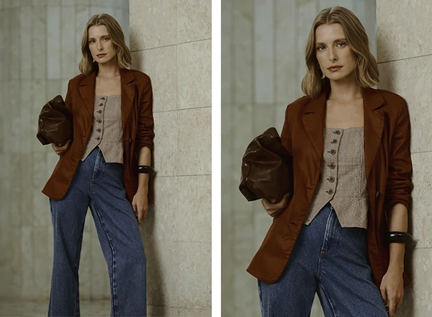 Combinação de blazer marrom com blusa tipo corset
