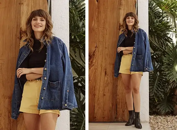 Looks com jaqueta jeans longa e short