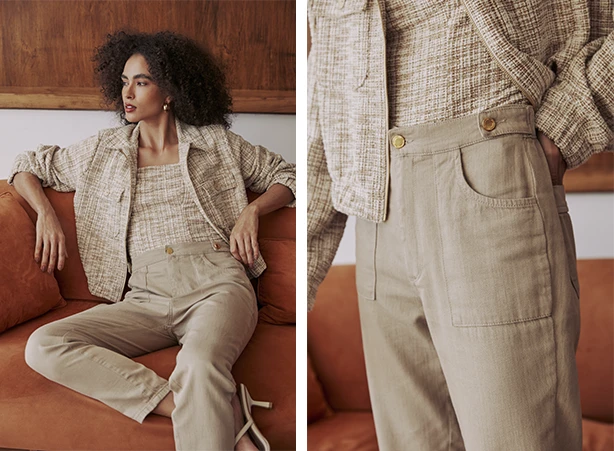 Looks de calça slim com o duo de cropped e jaqueta em malha flamê com lurex