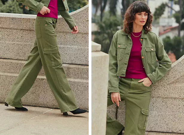Conjunto com calça cargo e jaqueta trucker Conjunto com calça cargo e jaqueta trucker