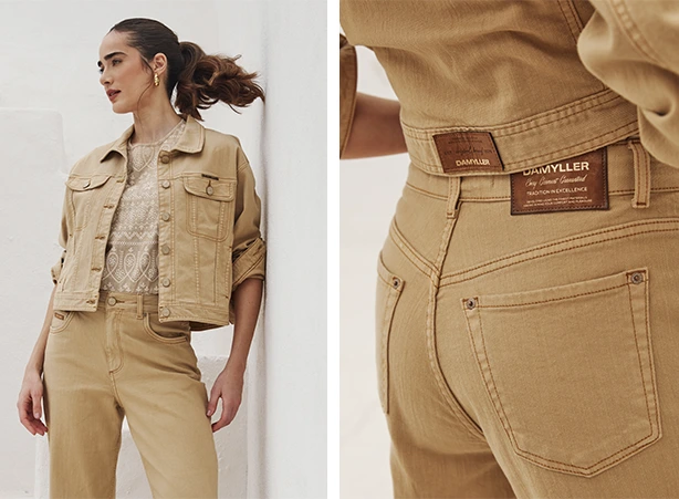 Produção monocromática com jaqueta e calça wide leg