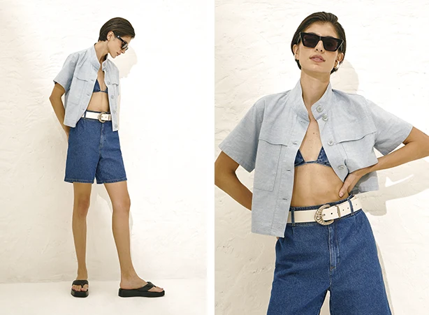 Look despojado com camisa de manga curta e bermuda jeans Look despojado com camisa de manga curta e bermuda jeans