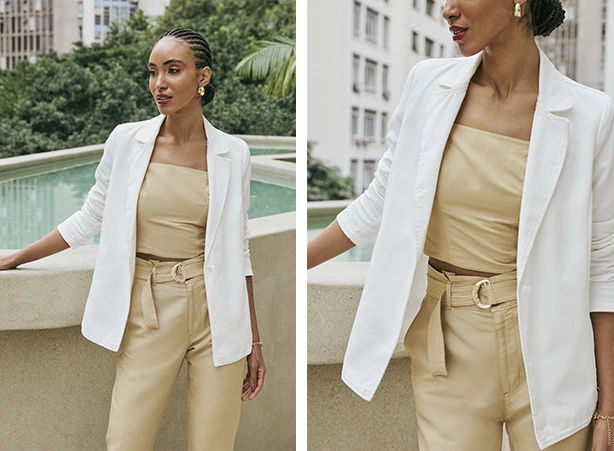 Conjunto de cropped e calça slim com blazer