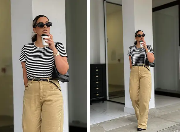 Look com calça bege e camiseta listrada