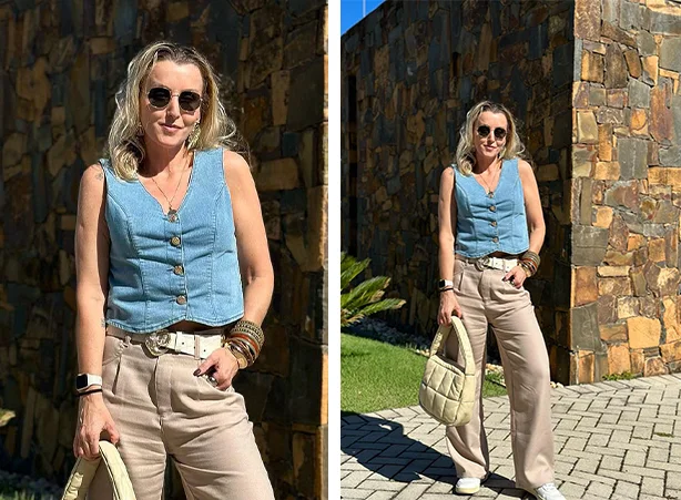 Dupla de colete jeans e pantalona bege