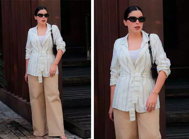Looks com calça bege ampla e terceira peça em tom off white