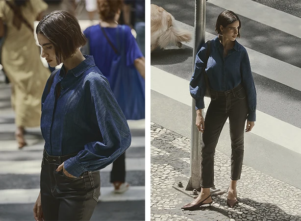 Inspiração vintage com camisa jeans e calça resinada Inspiração vintage com camisa jeans e calça resinada