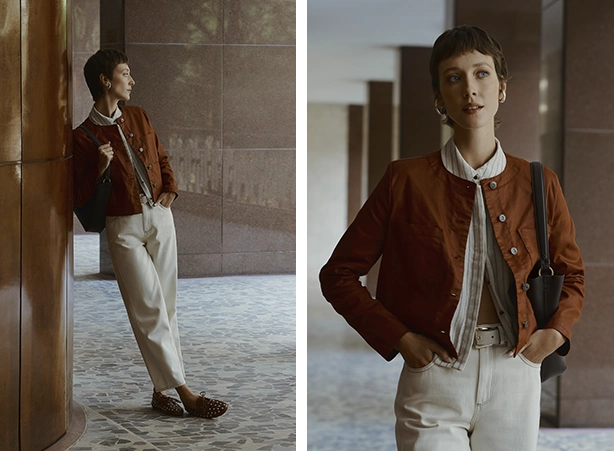 Combo com camisa listrada, jaqueta resinada e calça carrot