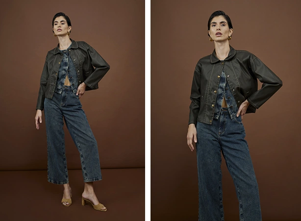 Look para sair à noite com jaqueta resinada Look para sair à noite com jaqueta resinada