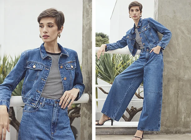 Looks com jaqueta jeans e wide leg em lavagem azul média Looks com jaqueta jeans e wide leg em lavagem azul média
