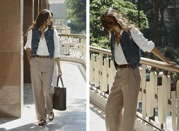 Looks femininos em modelagem reta de alfaiataria e camisa com colete jeans Looks femininos em modelagem reta de alfaiataria e camisa com colete jeans