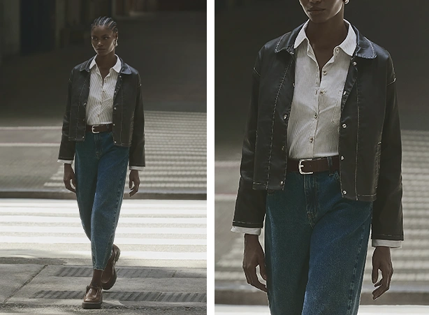 Look feminino com jaqueta resinada e calça jeans Look feminino com jaqueta resinada e calça jeans