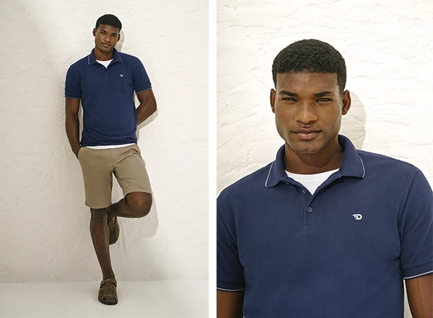 Look casual masculino com bermuda chino bege e polo Look casual masculino com bermuda chino bege e polo