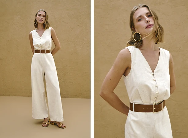 Look com macacão branco e cintos femininos da moda Look com macacão branco e cintos femininos da moda
