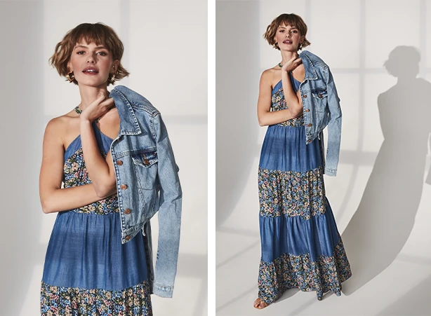 Look com jaquetas jeans curingas e vestido longo Look com jaquetas jeans curingas e vestido longo