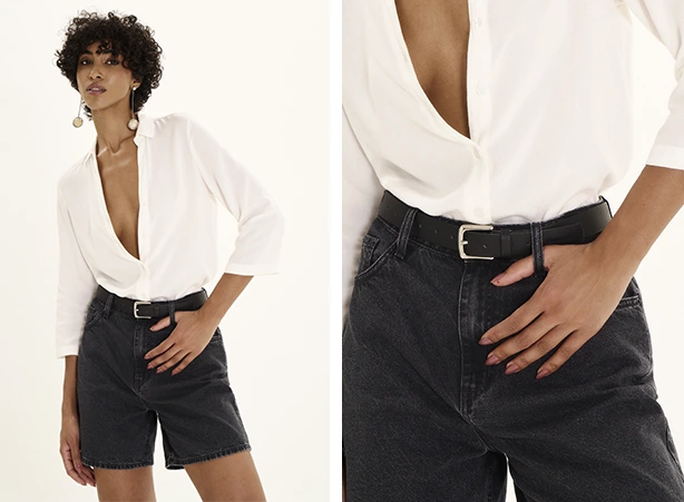 Look feminino com bermuda trendy em denim black e camisa branca clássica Look feminino com bermuda trendy em denim black e camisa branca clássica