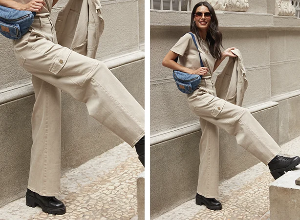 Look com calça cargo bege e camiseta estampada