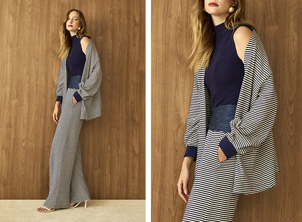 Conjunto feminino de cardigã e pantalona listrados Conjunto feminino de cardigã e pantalona listrados