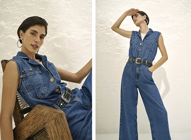 Look feminino com macacão jeans sem mangas e cinto com tachas Look feminino com macacão jeans sem mangas e cinto com tachas