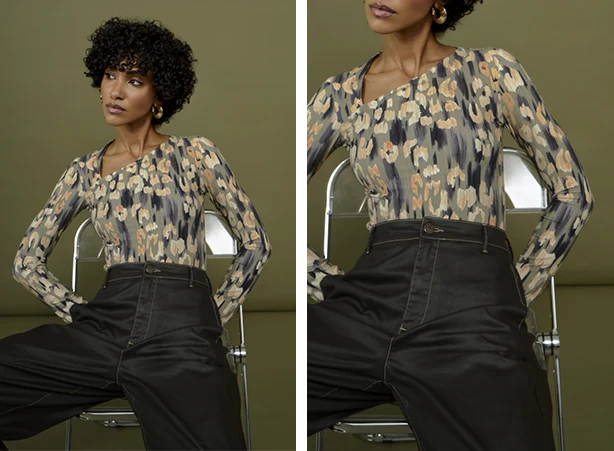 Combinação feminina de blusa estampada e calça resinada Combinação feminina de blusa estampada e calça resinada