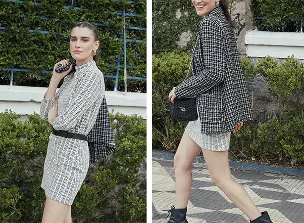 Look feminino em jacquard xadrez