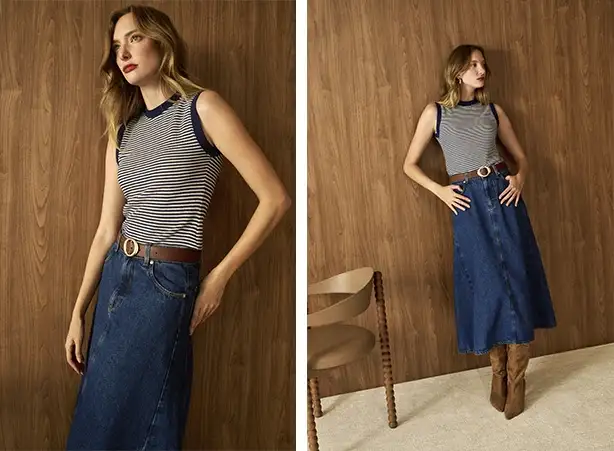 Looks com saia jeans longa e regata listrada Looks com saia jeans longa e regata listrada