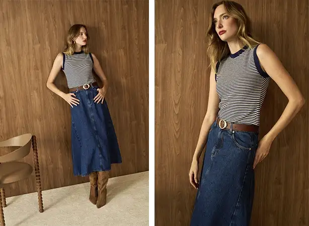 Combinação de saia jeans midi e regata listrada