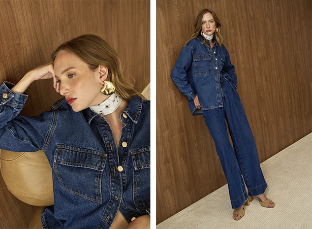 Look jeans com camisa oversized e calça pantalona