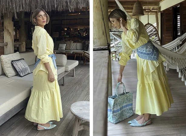 Duo de camisa e saia em amarelo claro com lenço na cintura
