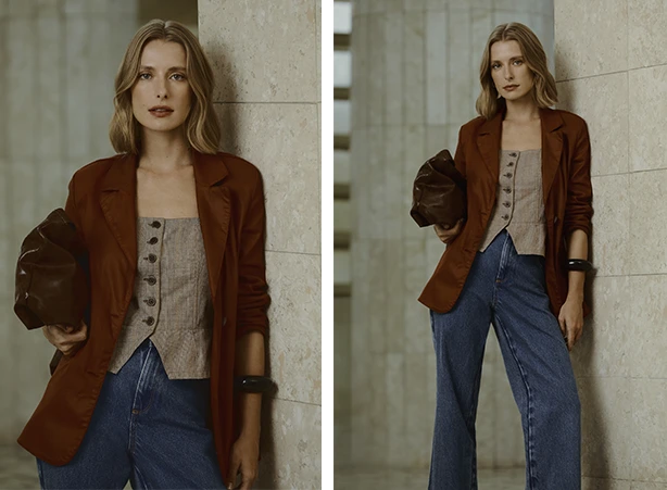 Looks femininos com blazer marrom resinado e calça jeans Looks femininos com blazer marrom resinado e calça jeans